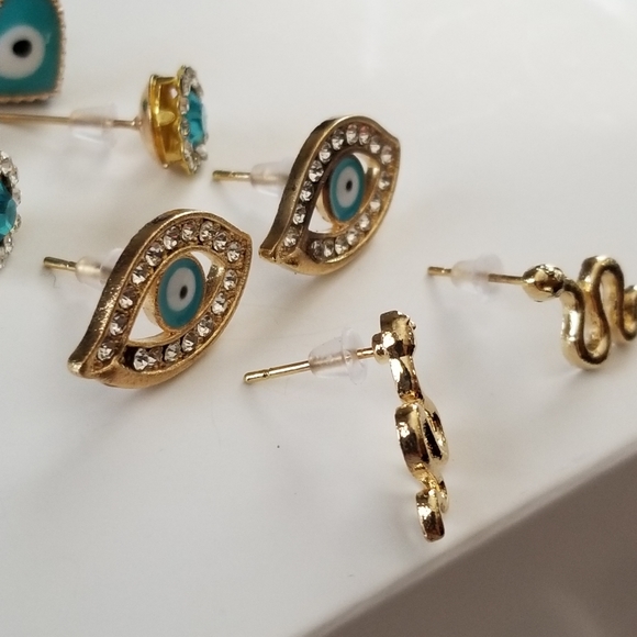 3/30❤️Evil Eye Protection Teal Stud Earrings 3 pcs Set New - Picture 9 of 9